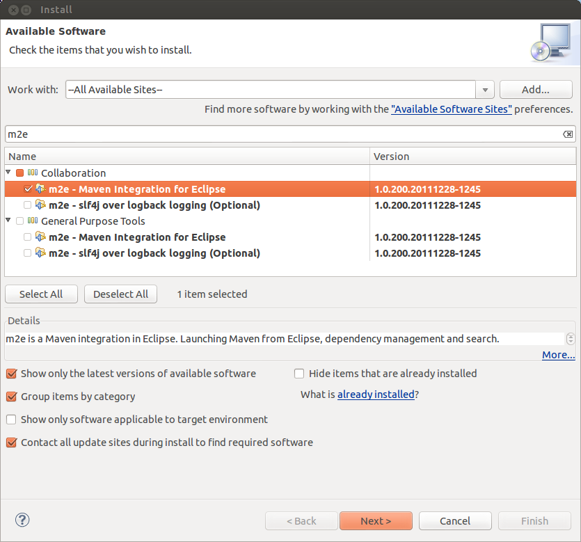 Screenshot of Install New Software dialog after selecting m2e for install. Screenshot of Install New Software dialog after selecting m2e for
install.